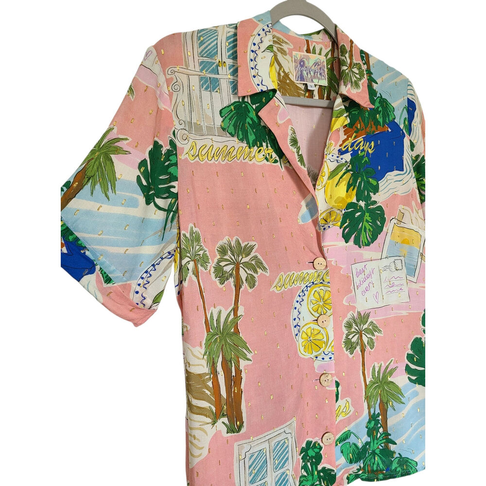 Lena Hoschek "Beach Trip" Hawaii Blouse - Lurex Shimmer Postcard Print Size S - Picture 4 of 7